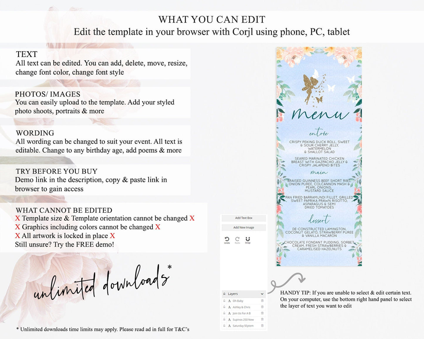 Fairy Menu Fairy Menu Template Enchanted Garden Pastel Floral Butterfly Table Decor Fairy Secret Garden Dinner Dessert Food Menu D10794