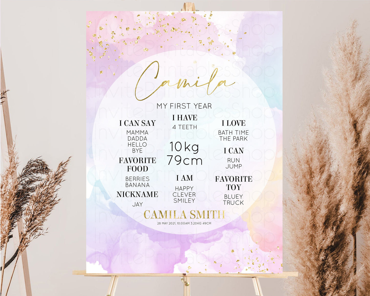 Pastel First Birthday Milestone Board Pastel Rainbow Milestone Poster Watercolor Glitter One Year Poster Colorful Splash Baby 1st Year 599v1