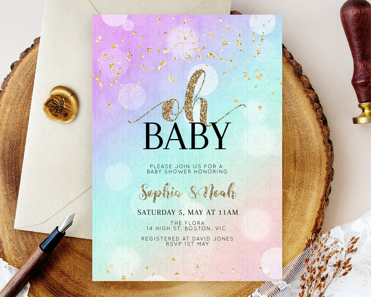 Pastel Baby Shower Invitation Rainbow Baby Shower Invitation Colorful Pastel Watercolor Invitation Gold Glitter Sprinkles Ombre D10621