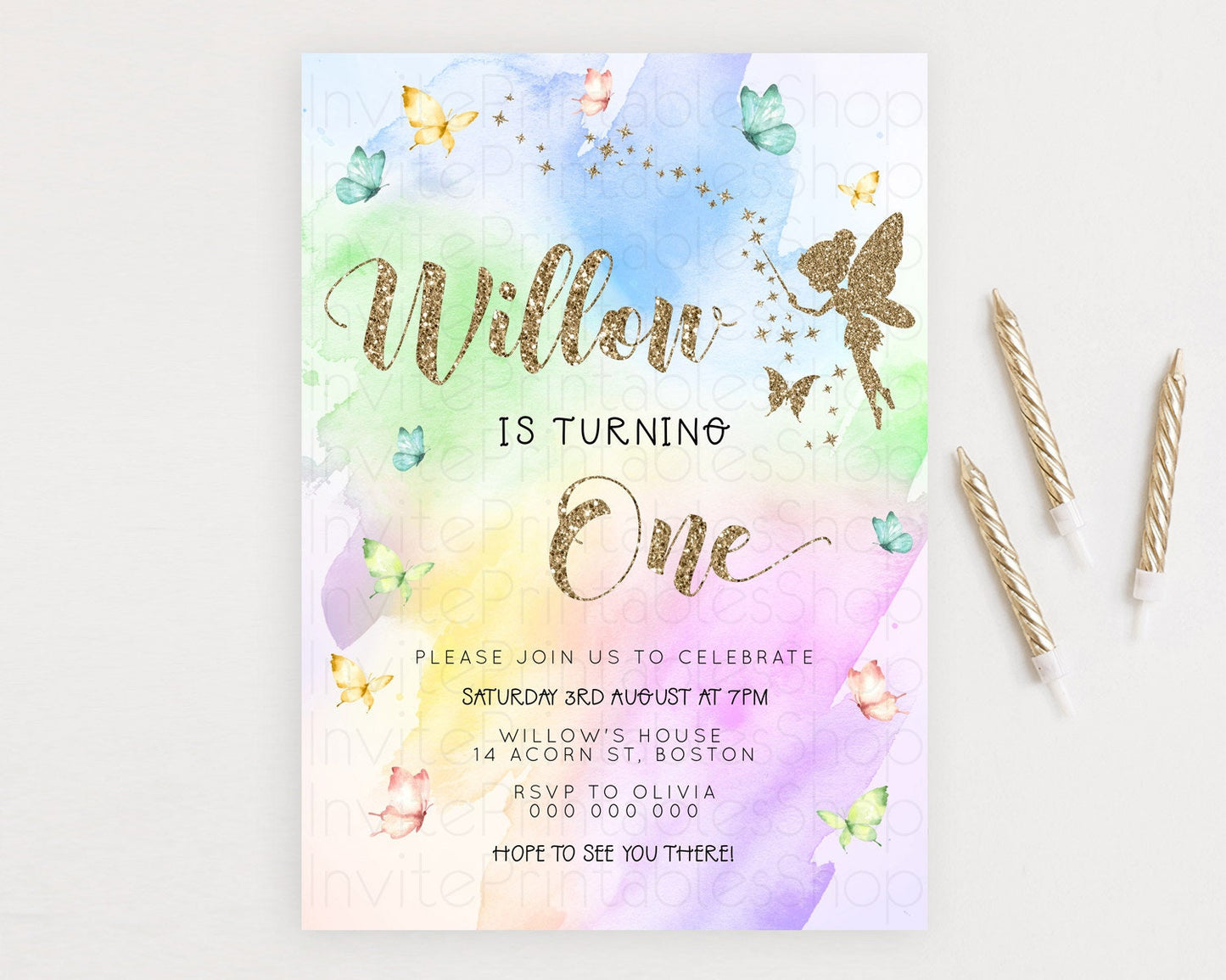 Pastel Fairy Birthday Invitation Pastel Butterflies Fairy Birthday Invitation Rainbow Ombre Watercolor 1st 2nd Birthday Invitation D23351