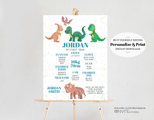 Editable Cute Dinosaur Milestone Board Baby Dino First Birthday Milestone Si