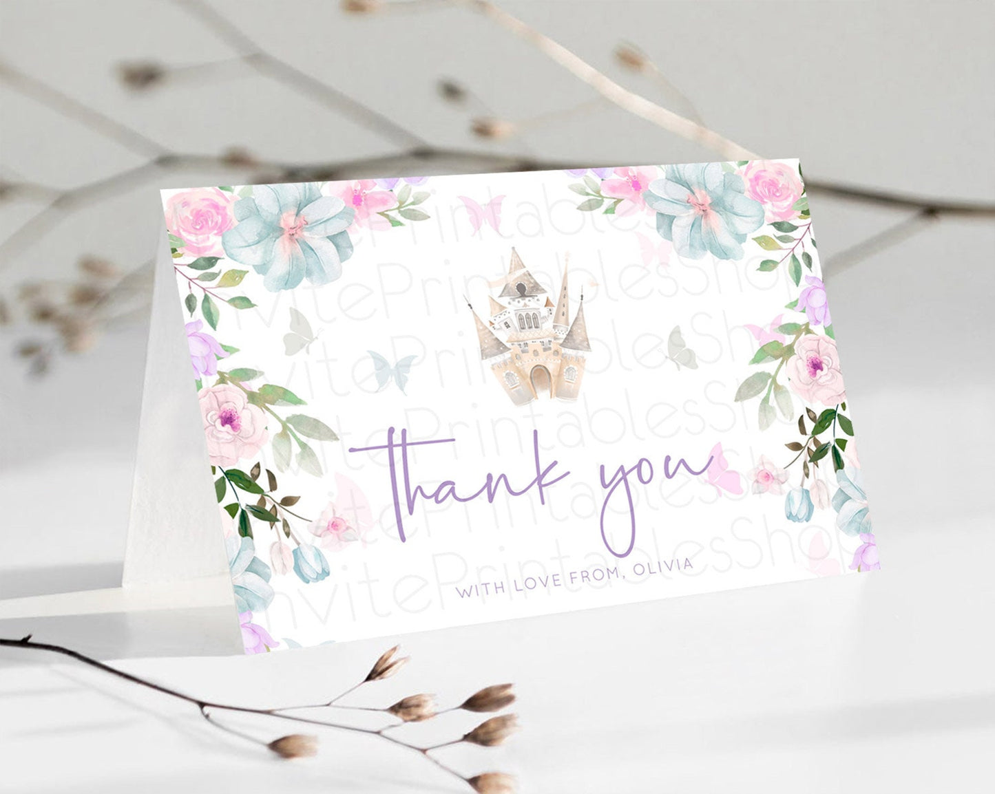 Princess Thank You Castle Thank You Card Secret Garden Birthday Thank You Card Enchanted Castle Pastel Floral Teacher Thank You Card D10471