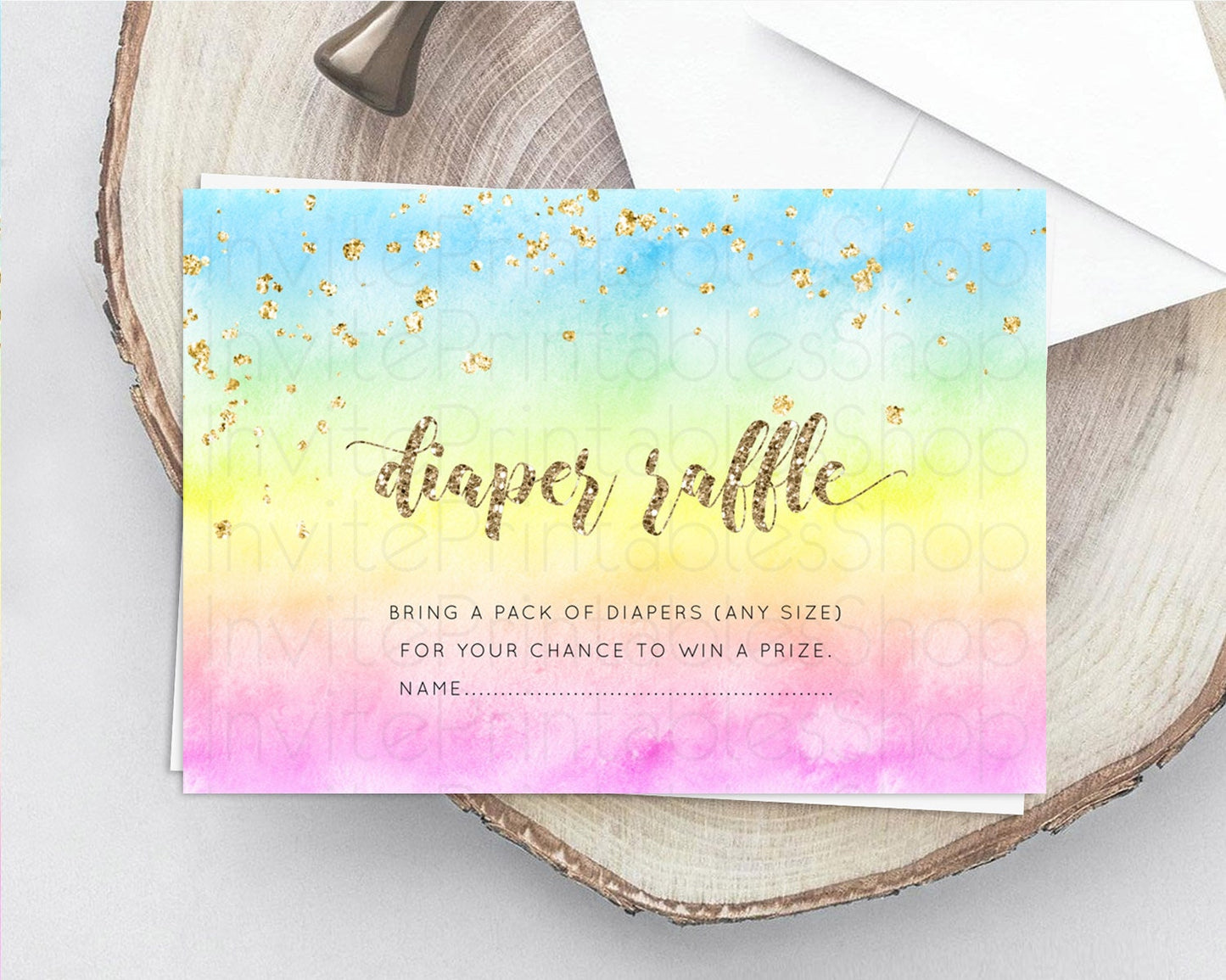 Pastel Diaper Raffle Card Pastel Rainbow Diaper Raffle Insert Colorful Ombre Watercolor Diaper Ticket Confetti Glitter Raffle Game D10479