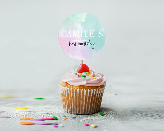 Editable Rainbow Cupcake Toppers Pastel Cupcake Toppers Colorful Pastel Wate