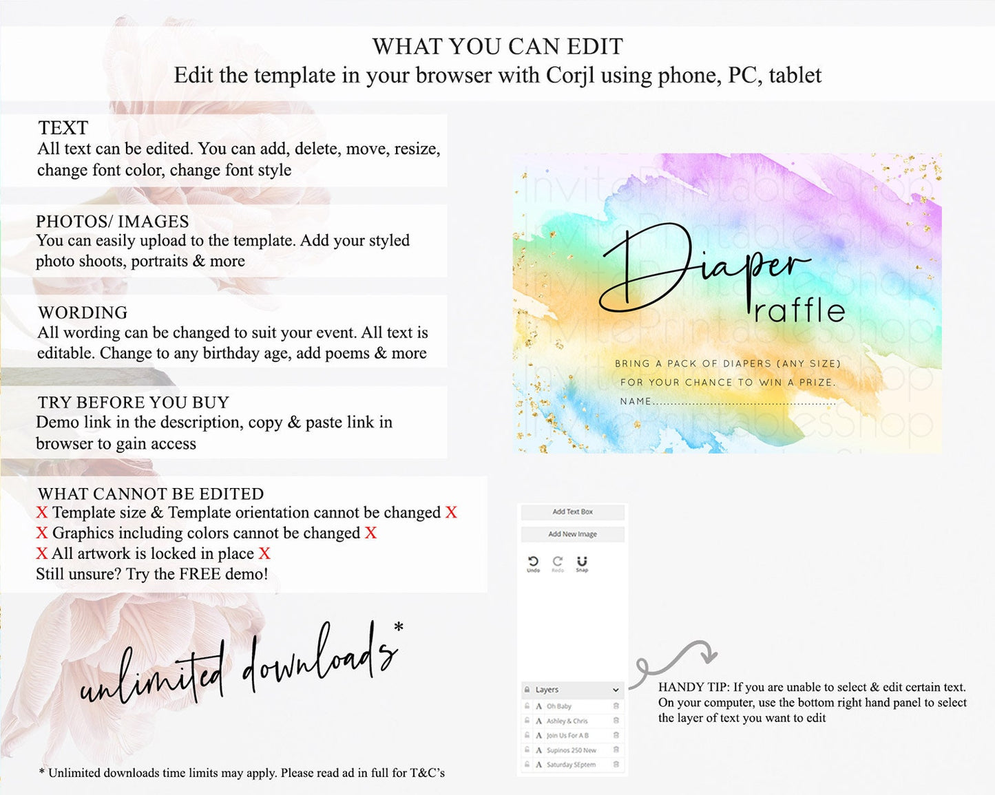 Pastel Diaper Raffle Card Pastel Rainbow Diaper Raffle Insert Colorful Ombre Watercolor Diaper Ticket Confetti Glitter Raffle Game D10427