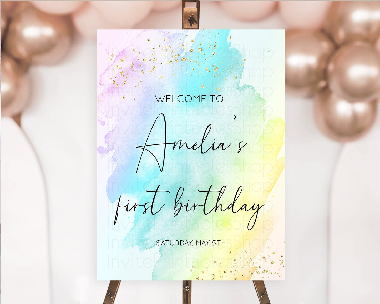 Pastel Welcome Sign Pastel Rainbow Welcome Sign Colorful Rainbow Confetti Watercolor Glitter Pastel First Birthday Welcome Sign D10773