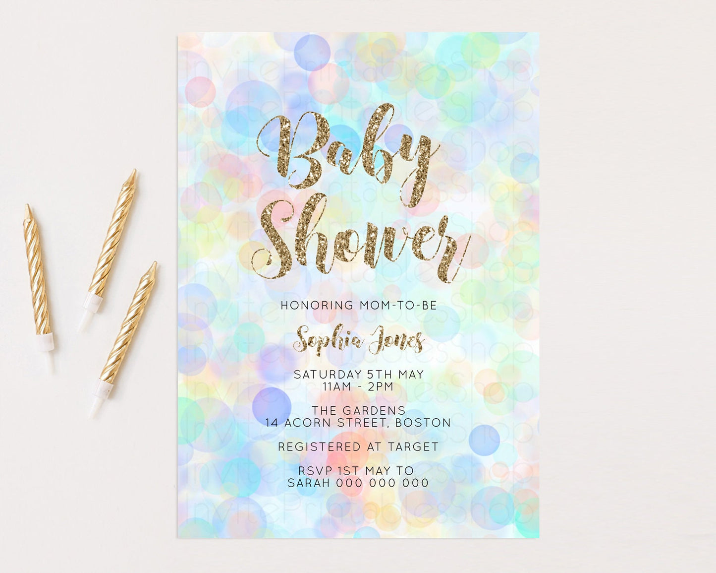 Rainbow Baby Shower Invitation Pastel Invite Colorful POP Invitation Confetti Sprinkles Invite Oh Baby Glitter Blue Pink Yellow Green G500