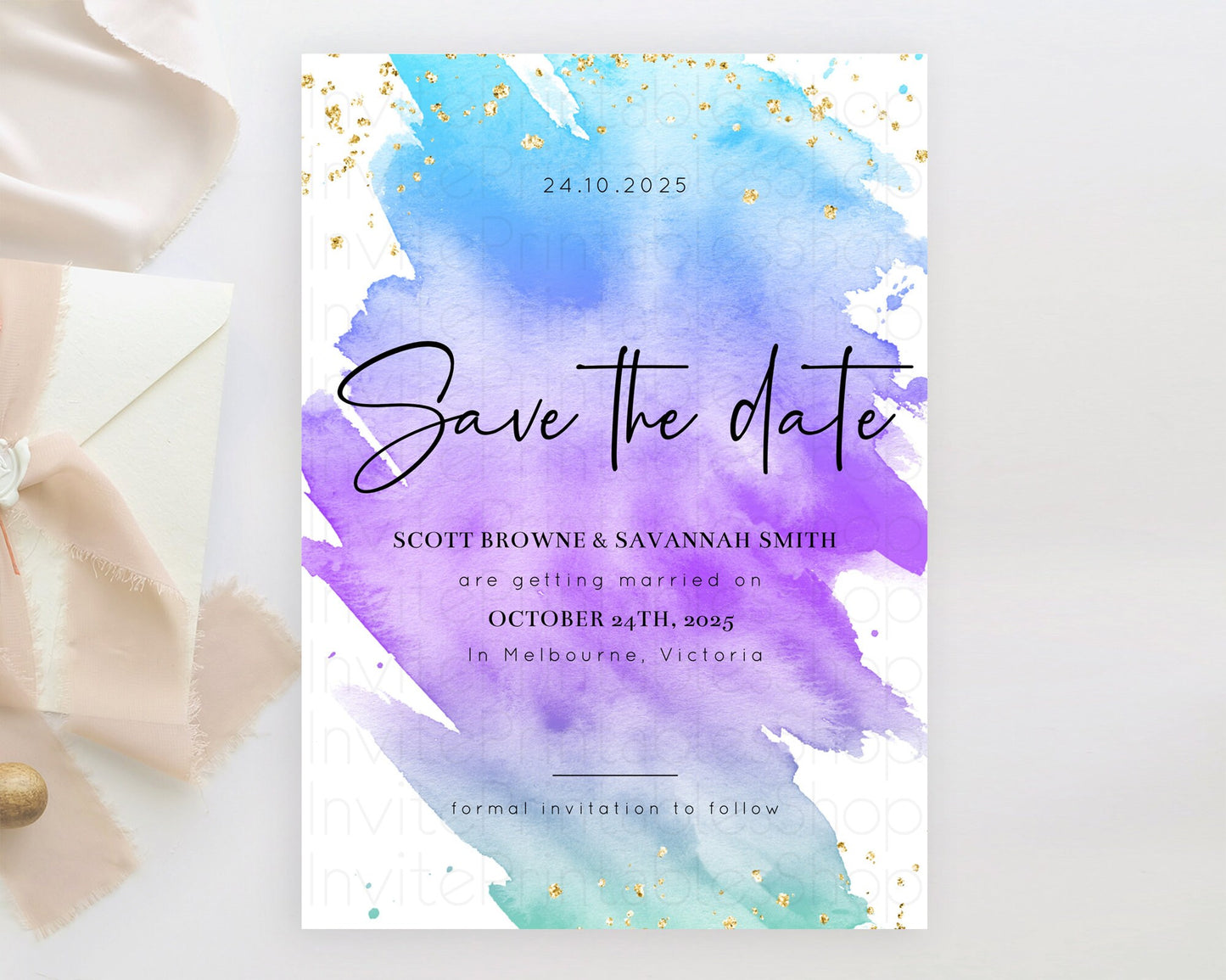 Pastel Save The Date Template Pastel Ombre Rainbow Watercolor Colorful Party For Birthday Baptism Baby Shower Wedding Bridal Shower D10491