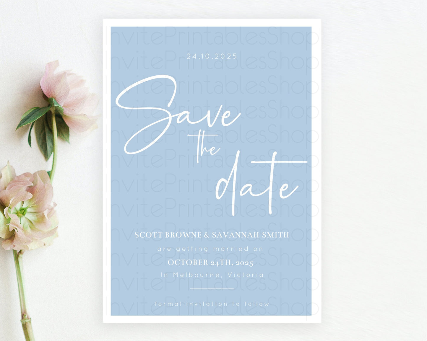 Minimalist Blue Save The Date Template Simple Modern Blue Party Theme For 1st Birthday Baptism Baby Shower Wedding Bridal Shower D10734