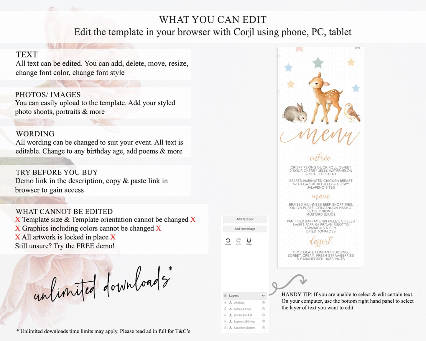 Fawn Menu Deer Menu Template Pastel Floral Deer Table Decor Enchanted Forest Butterfly Floral Dinner Dessert Menu Party Food Menu D10918