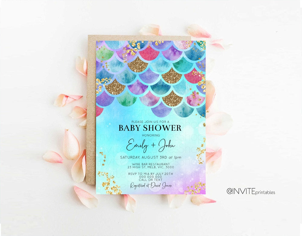 Mermaid Baby Shower Invitation Pastel Rainbow Baby Invite Under the Sea Colorful Watercolor Baby Shower Invite Glitter Sprinkles Invite 574