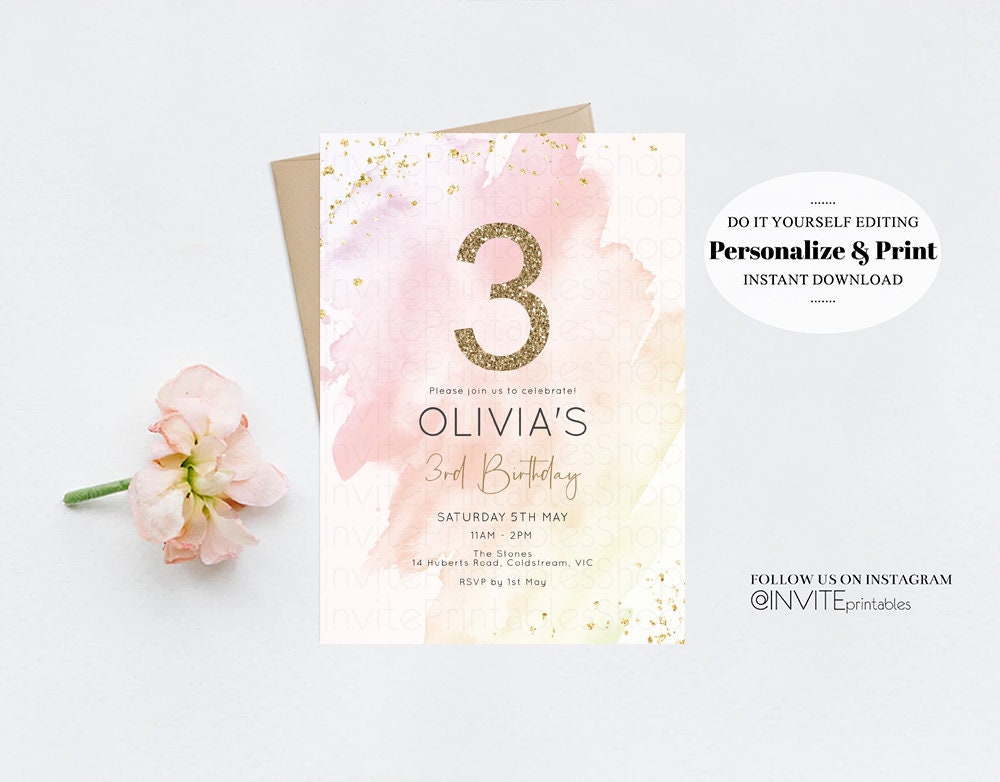 Watercolor Birthday Invitation Pastel Soft Pink Splash Ombre Ink Paint Gold Foil Glitter Age Confetti Modern Simple Custom Printable 133