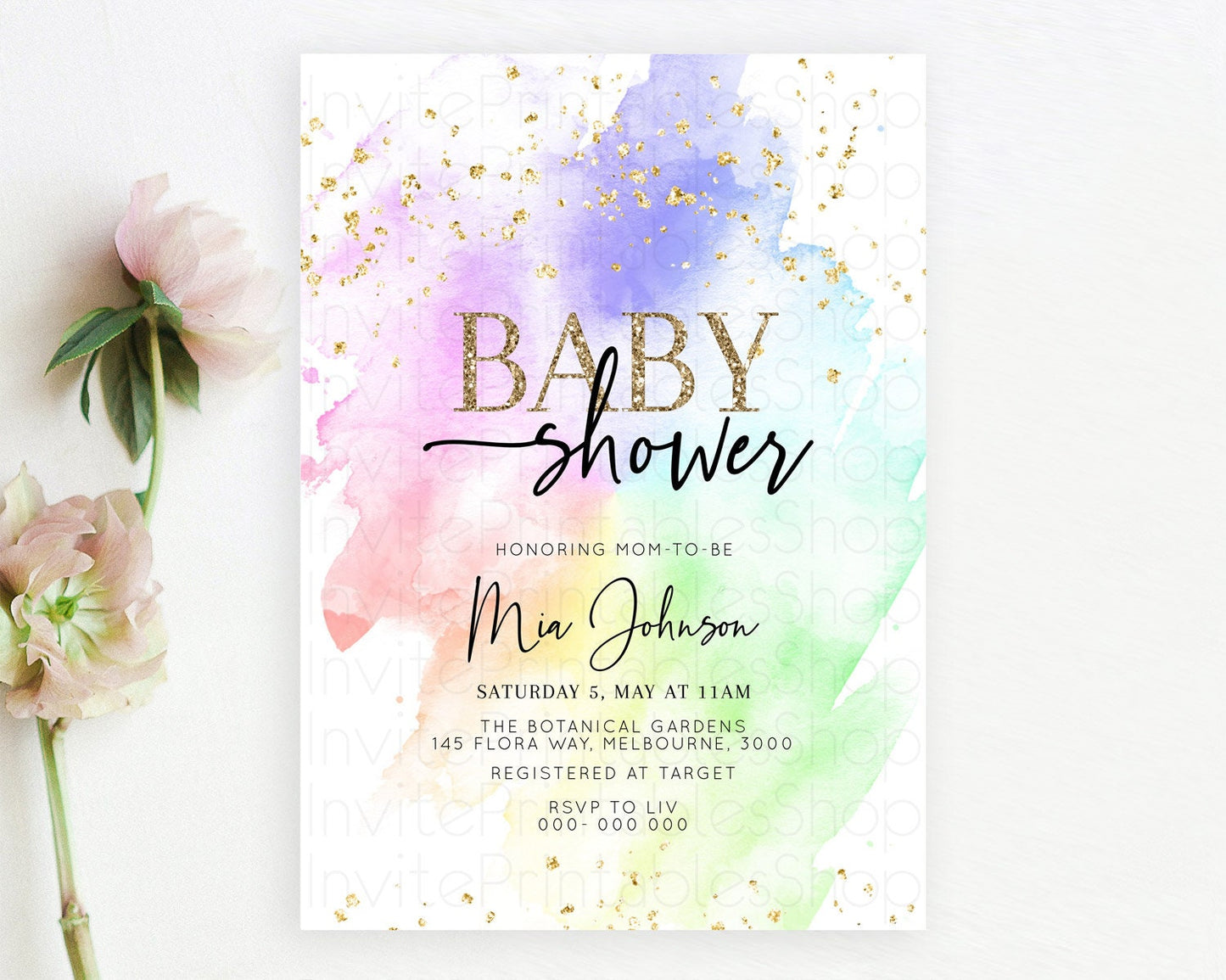 Pastel Baby Shower Invitation Rainbow Baby Shower Invitation Colorful Pastel Watercolor Invitation Gold Glitter Sprinkles Ombre D10316