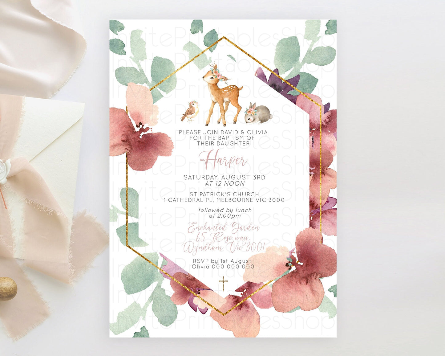 Fawn Baptism Invitation Deer Baptism 1st Birthday Invitation Enchanted Forest Christening Invitation Pastel Garden Butterfly Floral D10913