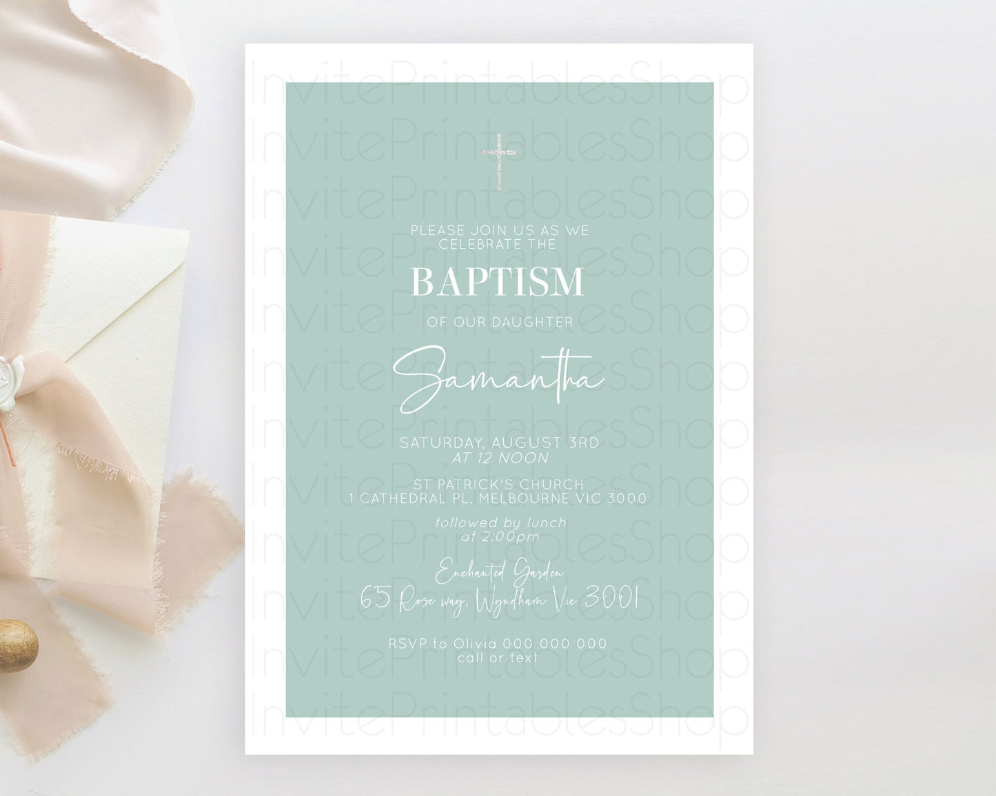 Green Baptism Invitation Plain Green Baptism 1st Birthday Invitation Minimalist Pastel Green Christening Invitation Holy Communion D10736