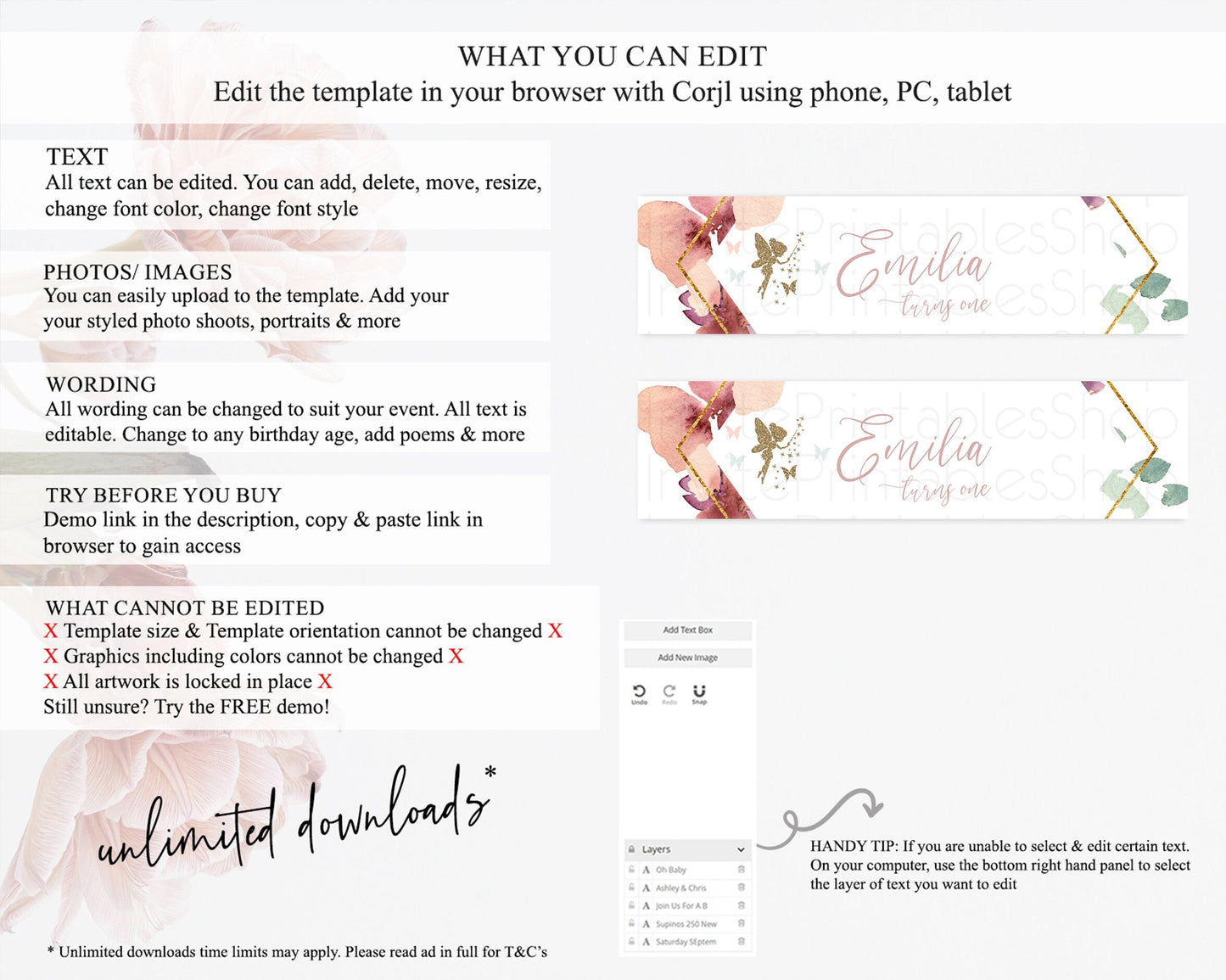 Fairy Water Label Enchanted Garden Pastel Floral Butterfly Party Decor Secret Garden Birthday Baptism Baby Shower Bridal Shower D10460