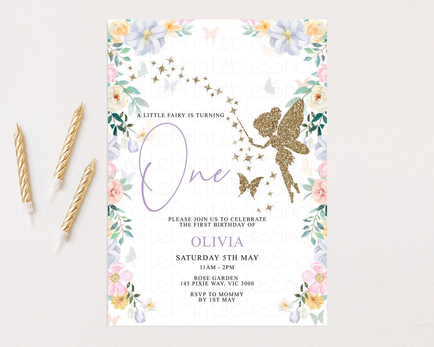 Fairy Birthday Invitation Glitter Fairy Invite Enchanted Garden Tinkerbell Invite Pastel Floral Invite Butterfly Garden Invite 1st 2nd F513