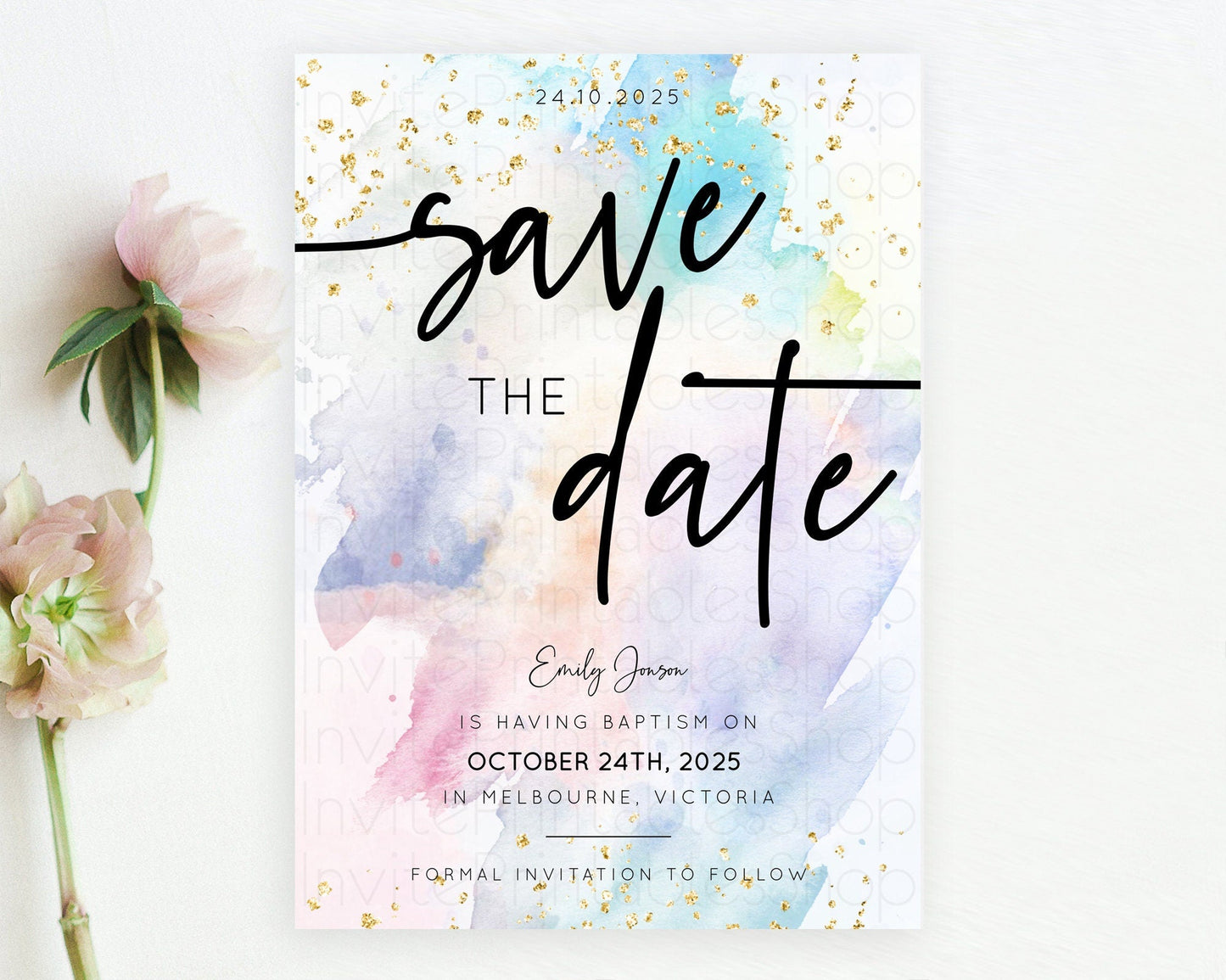 Pastel Save The Date Template Pastel Ombre Rainbow Watercolor Colorful Party For Birthday Baptism Baby Shower Wedding Bridal Shower D10424