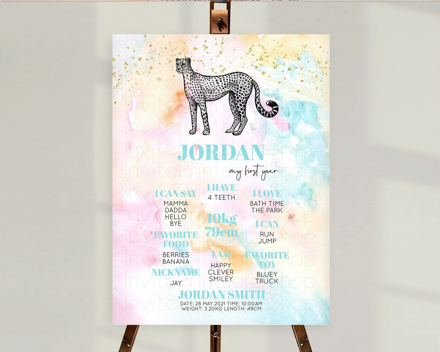 Pastel Cheetah First Birthday Milestone Board Cheetah Milestone Poster Colorful Rainbow Pastel Watercolor 1st Birthday Welcome Sign D10289