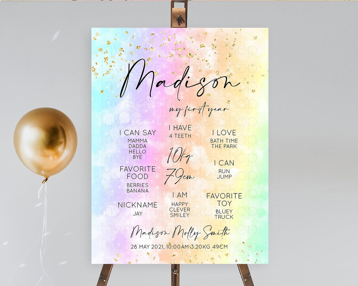 Pastel First Birthday Milestone Board Pastel Rainbow Milestone Poster Colorful Confetti Watercolor Glitter 1st Birthday Welcome Sign D10647