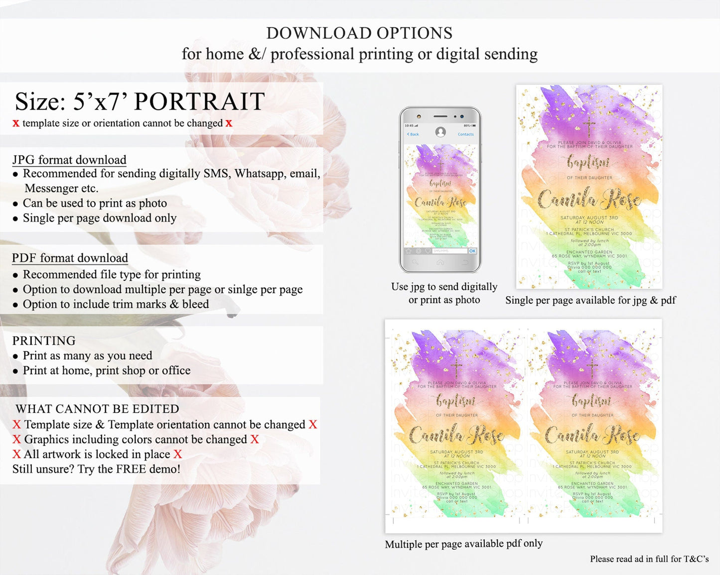 Pastel Baptism Invitation Pastel Colors Watercolor Baptism 1st Birthday Party Gold Ombre Pastel Rainbow Christening Holy Communion D10517