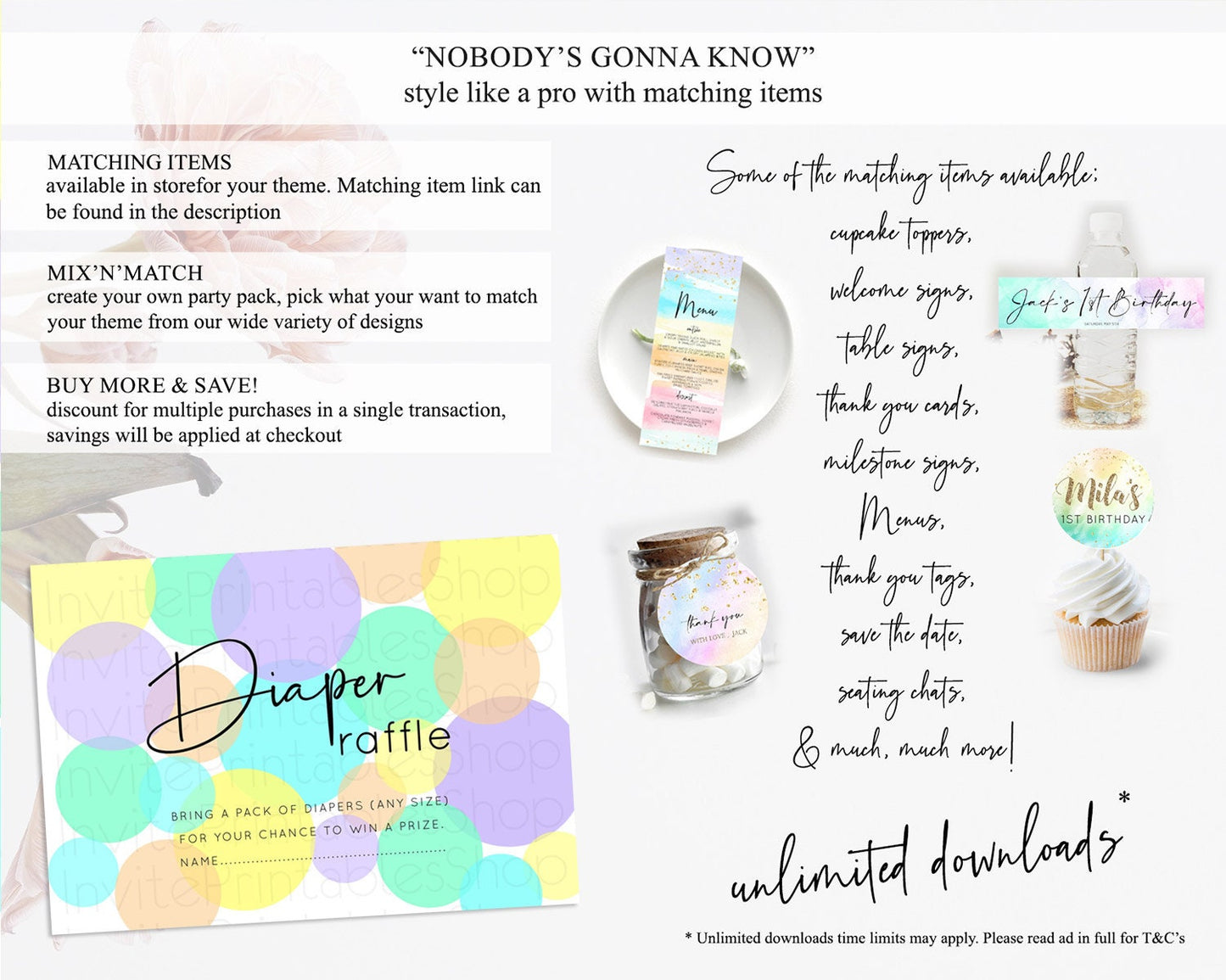 Rainbow Diaper Raffle Card Pastel Sprinkles Diaper Raffle Insert Rainbow Confetti Diaper Ticket Colorful Bubbles Pastel Raffle Game D10412