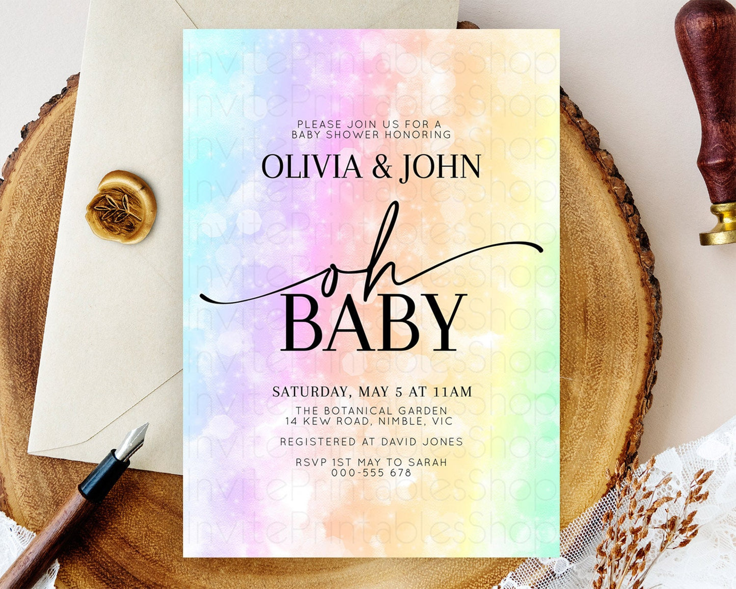 Pastel Baby Shower Invitation Rainbow Baby Shower Invitation Colorful Pastel Watercolor Invitation Gold Glitter Sprinkles Ombre D10647