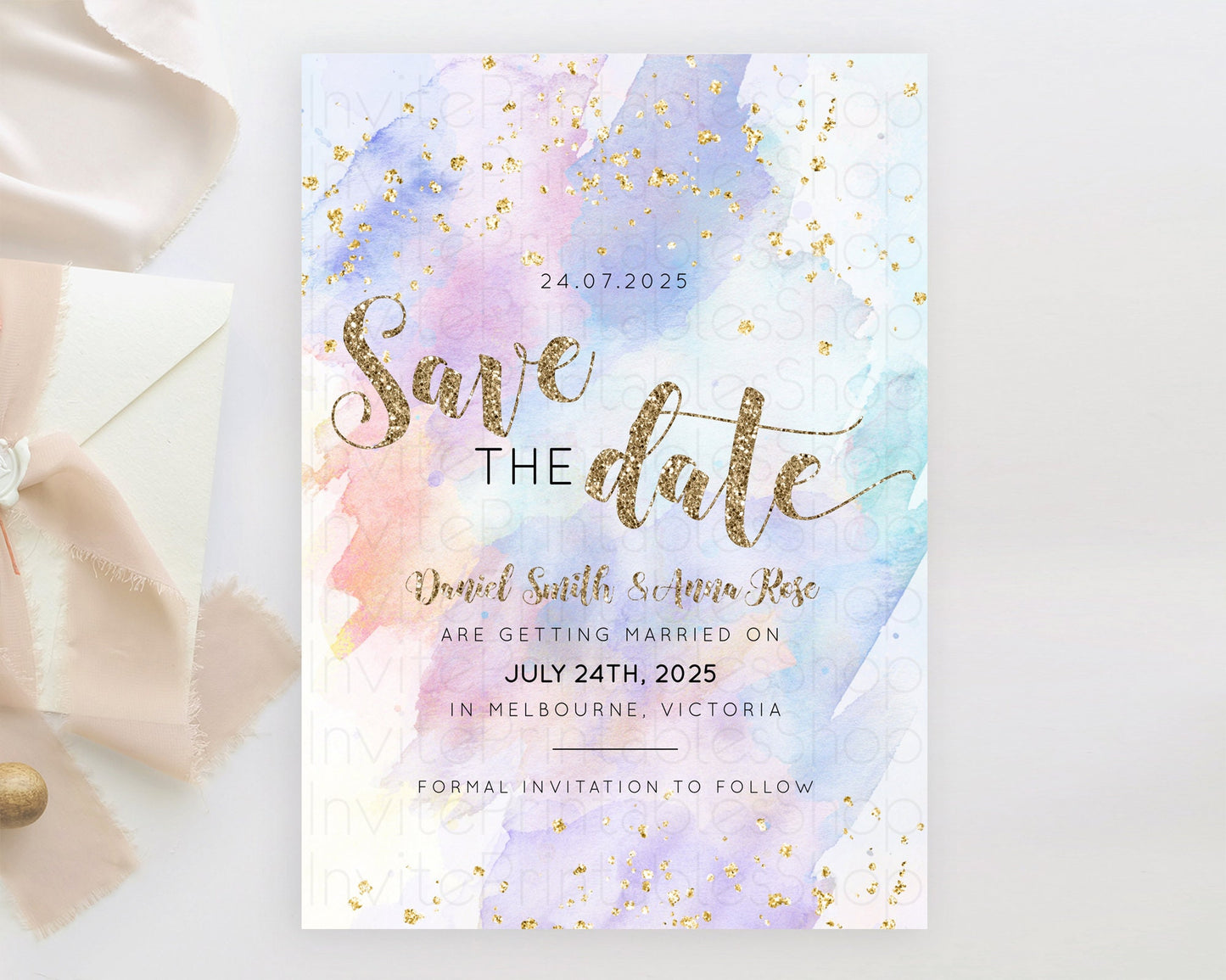 Pastel Save The Date Template Pastel Ombre Rainbow Watercolor Colorful Party For Birthday Baptism Baby Shower Wedding Bridal Shower D10583