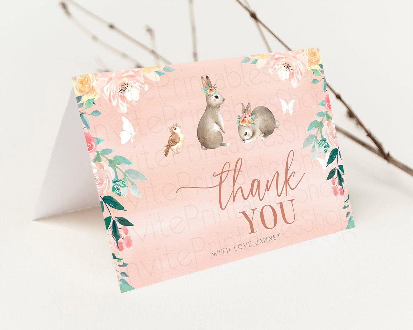 Bunny Thank You Floral Bunny Thank You Card Pastel Flowers Bunny Birthday Thank You Card Secret Garden Bunny Teacher Thank You Cards D10922