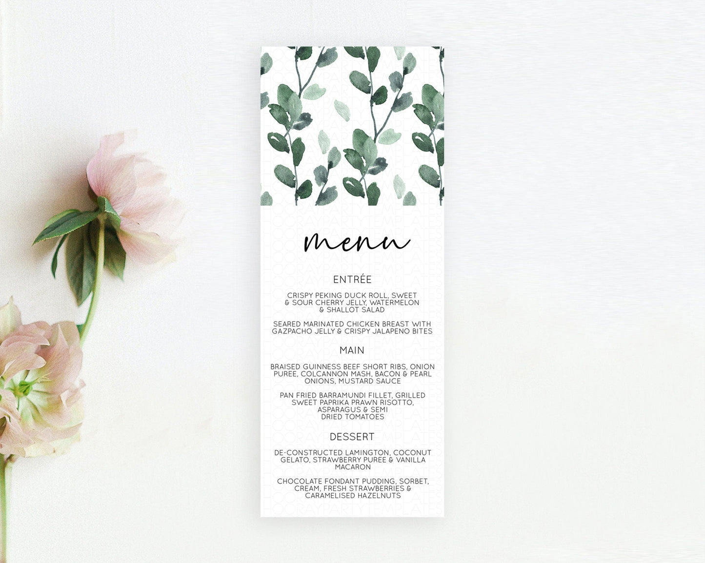 Leafy Menu Green Leaf Menu Template Eucalyptus Fern Leaves Decor Watercolor Boho Garden Leaf Branch Dinner Dessert Party Food Menu D11059