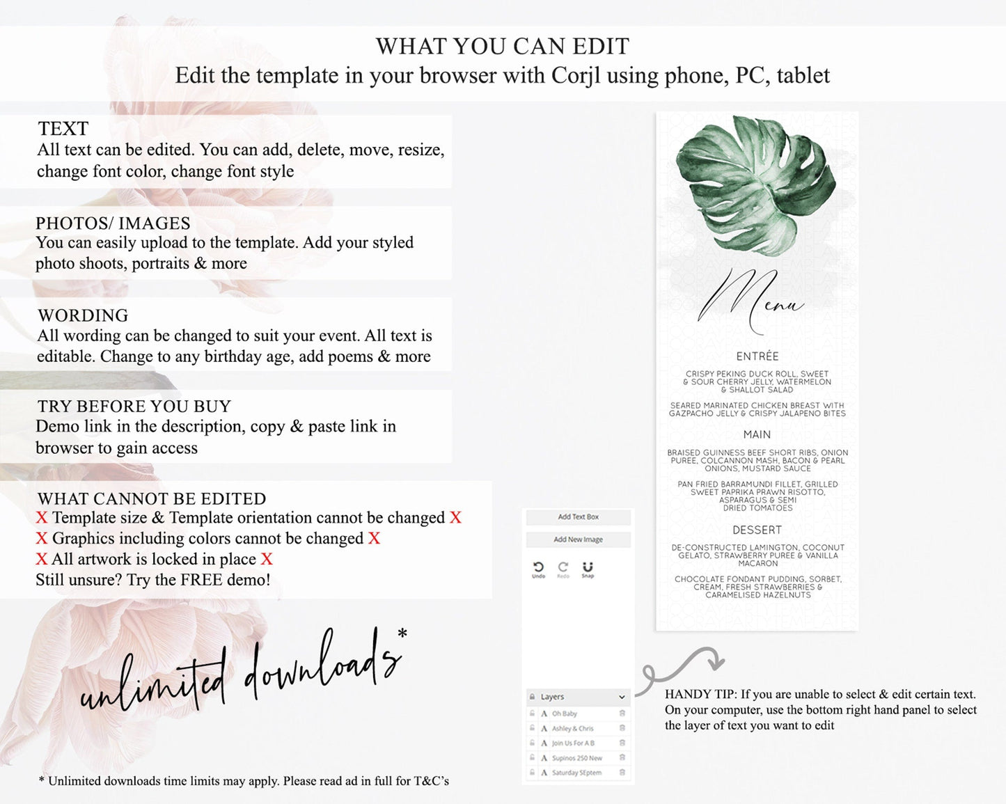 Tropical Menu Template Tropical Menu Palm Leaf Fern Table Decor Frangipani Floral White Orchid Dinner Dessert Menu Party Food Menu D11041