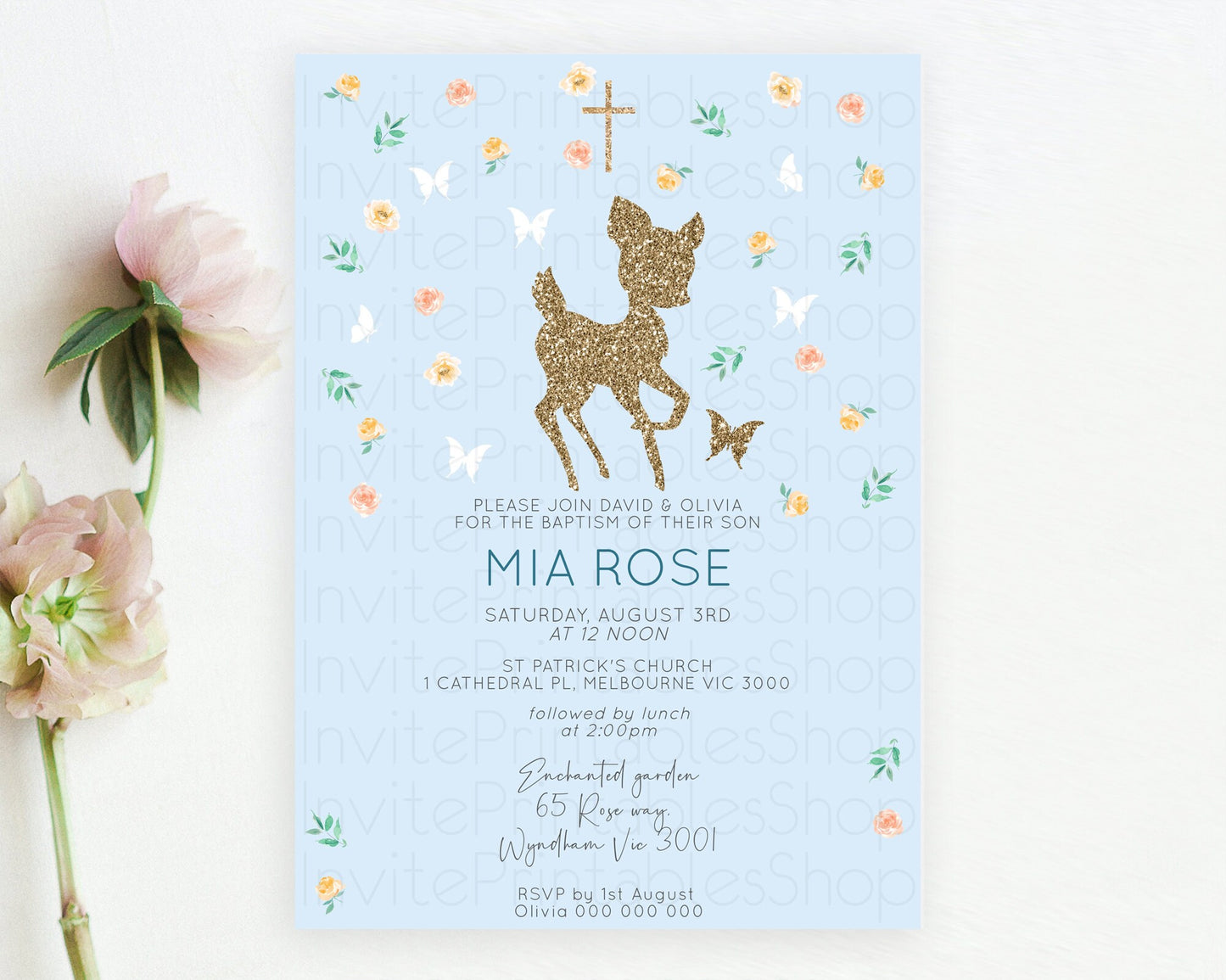 Fawn Baptism Invitation Deer Baptism 1st Birthday Invitation Enchanted Forest Christening Invitation Pastel Garden Butterfly Floral D10902