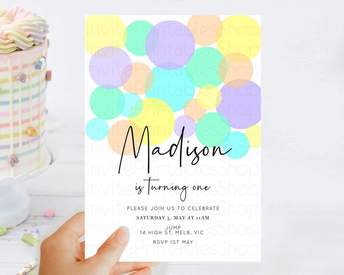 Pastel Birthday Invitation Pastel Confetti Birthday Invitation Bubbles Invitation Colorful Rainbow Confetti 2nd 1st First Birthday D10412