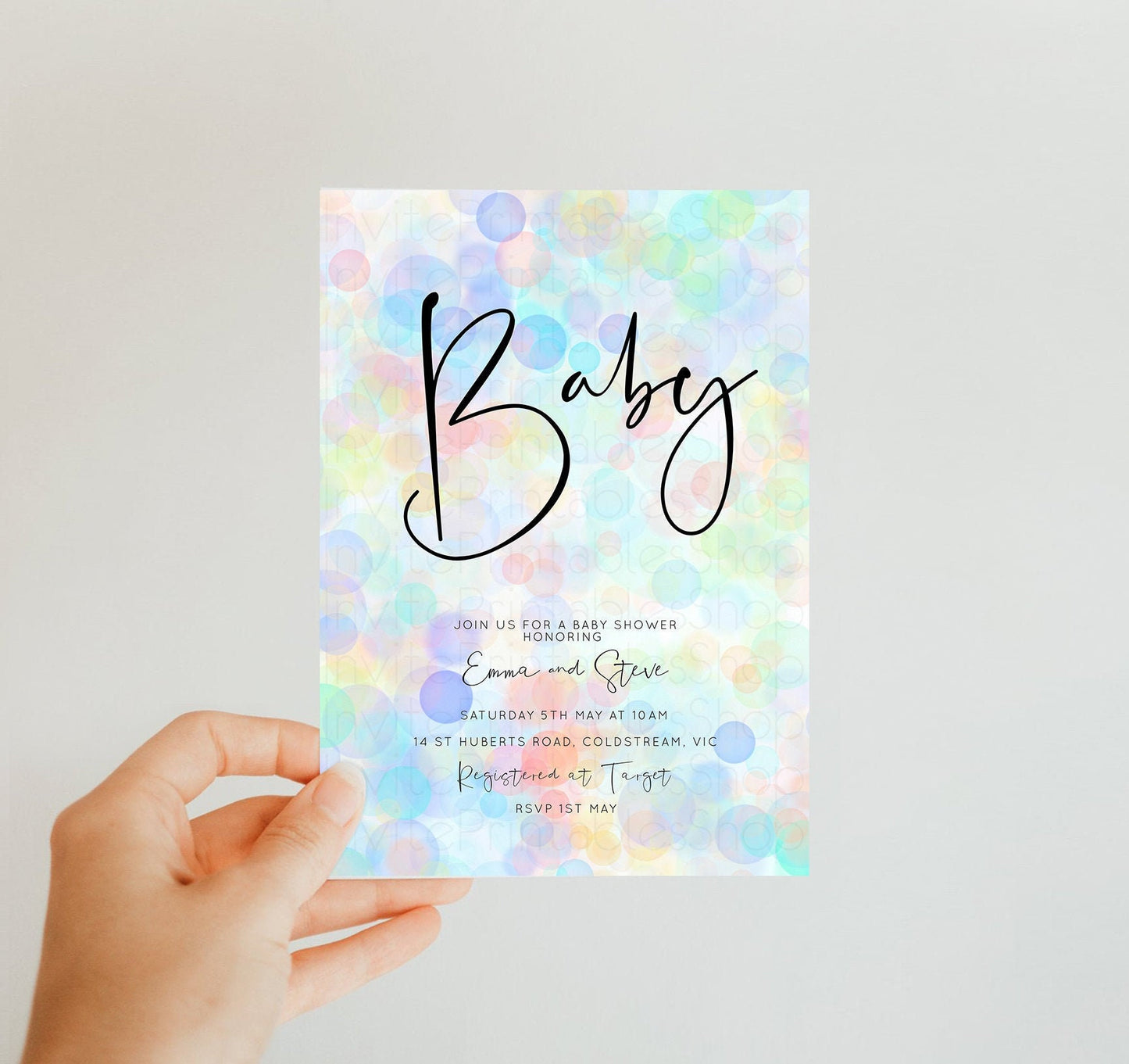 Rainbow Pastel Baby Shower Invitation Colorful POP Invitation Polka Bubbles Confetti Sprinkles Rain Oh Baby Blue Pink Yellow Green T500