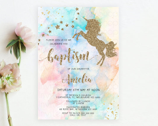 Unicorn Rainbow Baptism Invitation Pastel Baptism Birthday Invitation Magical Ombre Christening Invite Colorful Watercolor Glitter D10949