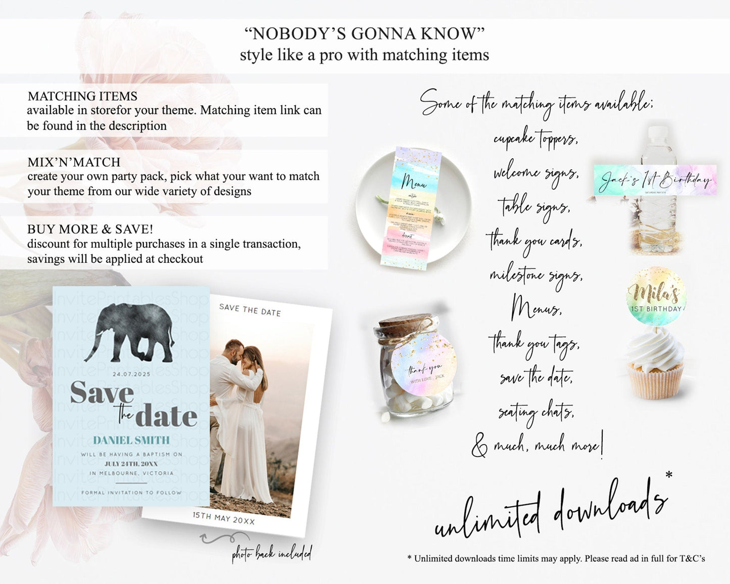 Elephant Save The Date Template Elephant Safari Adventure Party Dried Palm Fern Zoo 1st Birthday Baptism Baby Shower Bridal Shower D10802