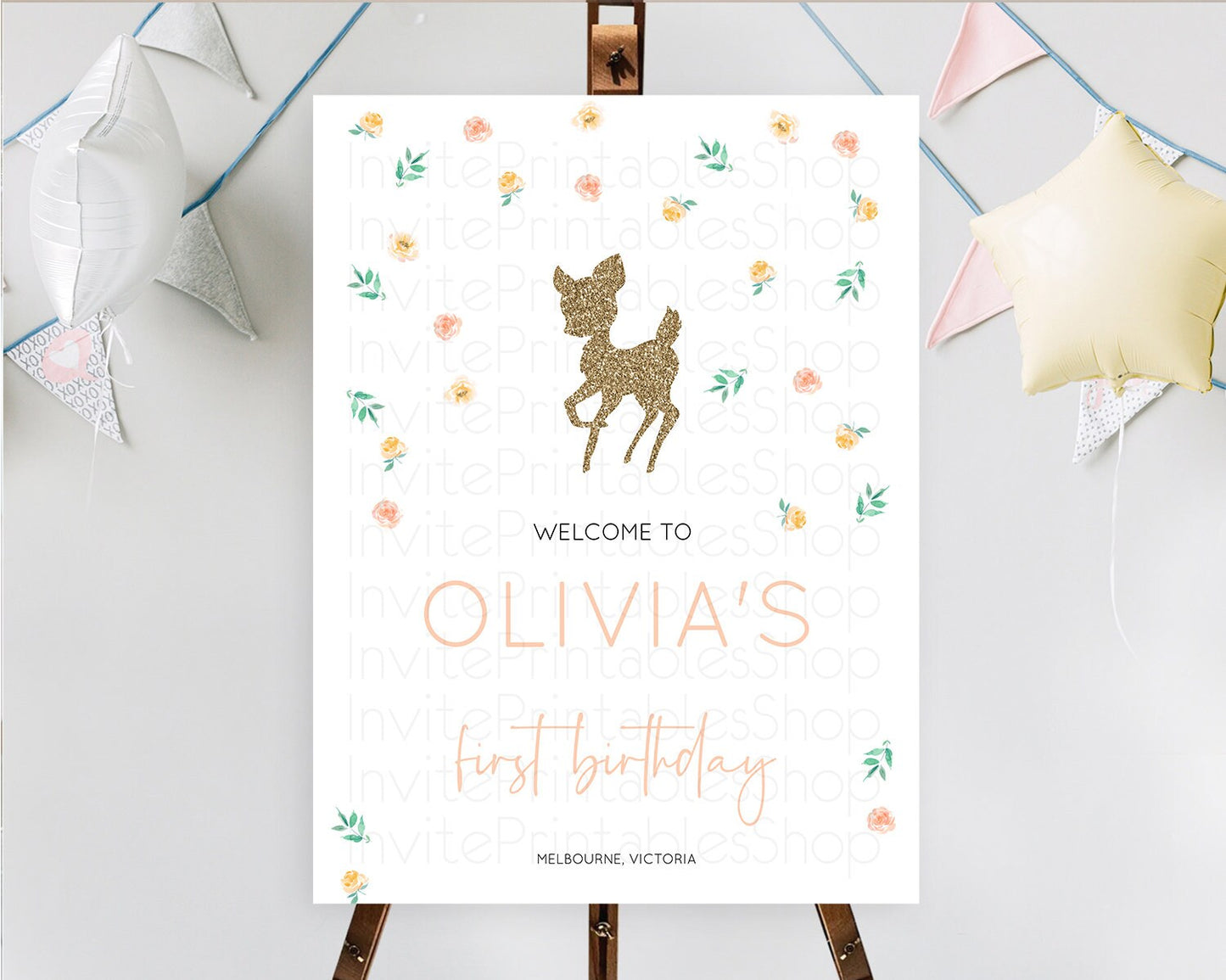 Fawn Welcome Sign Deer Welcome Board Floral Deer Welcome Poster Enchanted Forest Butterfly Pastel Floral First Birthday Welcome Sign D10355