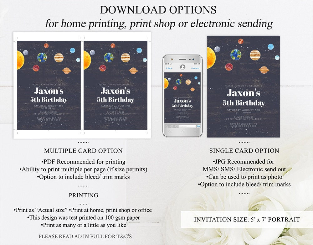 Space Birthday Invitation Spaceship Blast Off Night Sky Stars Planets Rocket Ship Moon Galaxy Milkyway Solar System Custom Invite