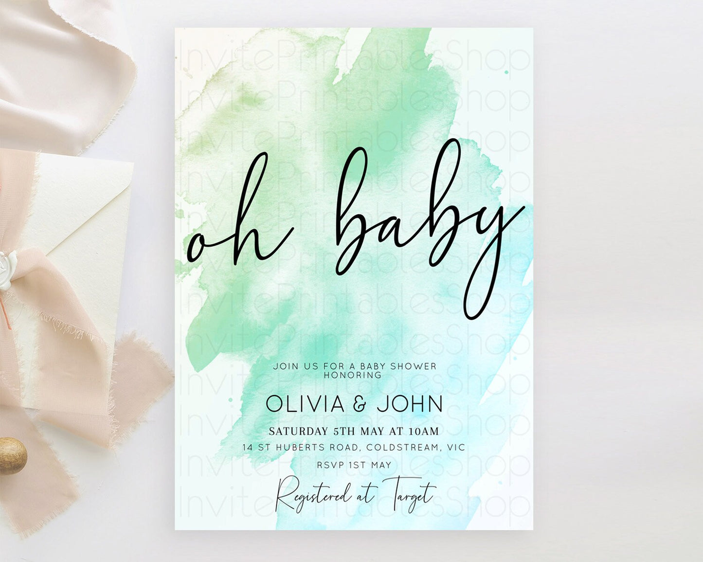 Green Baby Shower Invitation Green Watercolor Baby Shower Invitation Pastel Green Watercolor Invitation Green Splash Gold Invitation D10166