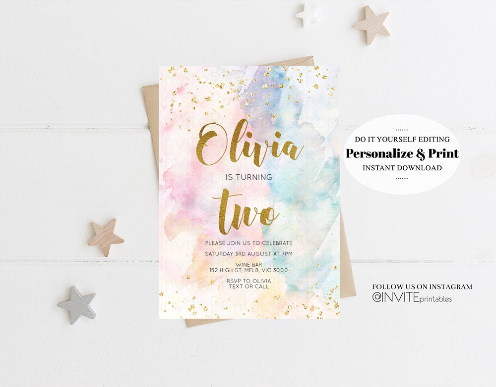 Rainbow Birthday Invitation Colorful Watercolor Gold Glitter Sprinkles Ombre Pastel Invitation 1st 2nd 3rd Printable Editable Invite 276