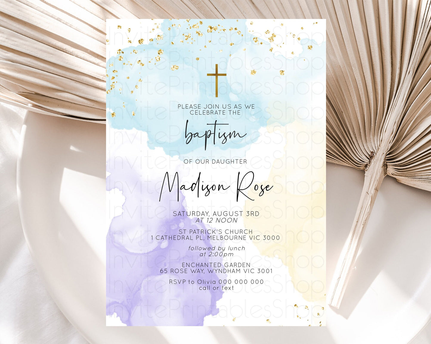 Pastel Baptism Invitation Pastel Colors Watercolor Baptism 1st Birthday Party Gold Ombre Pastel Rainbow Christening Holy Communion D10208