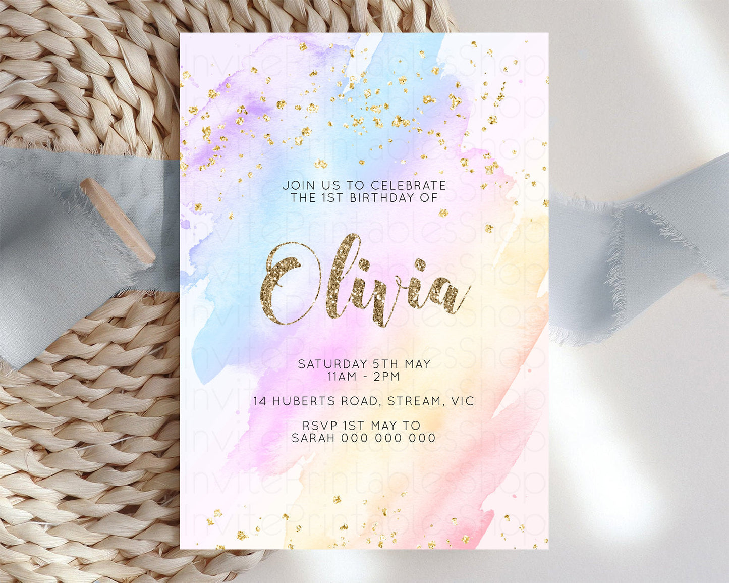 Rainbow Birthday Invitation Glitter Pastel Invitation Colorful Watercolor Gold Foil Splatter Sprinkle Ombre 1st 2nd 3rd Birthday Invite g600