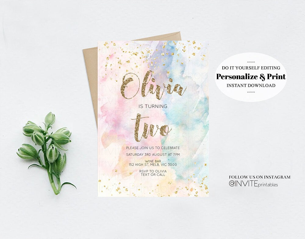 Rainbow Birthday Invitation Glitter Pastel Invitation Colorful Watercolor Gold Foil Splatter Sprinkles Ombre 1st 2nd 3rd Editable Invite 276