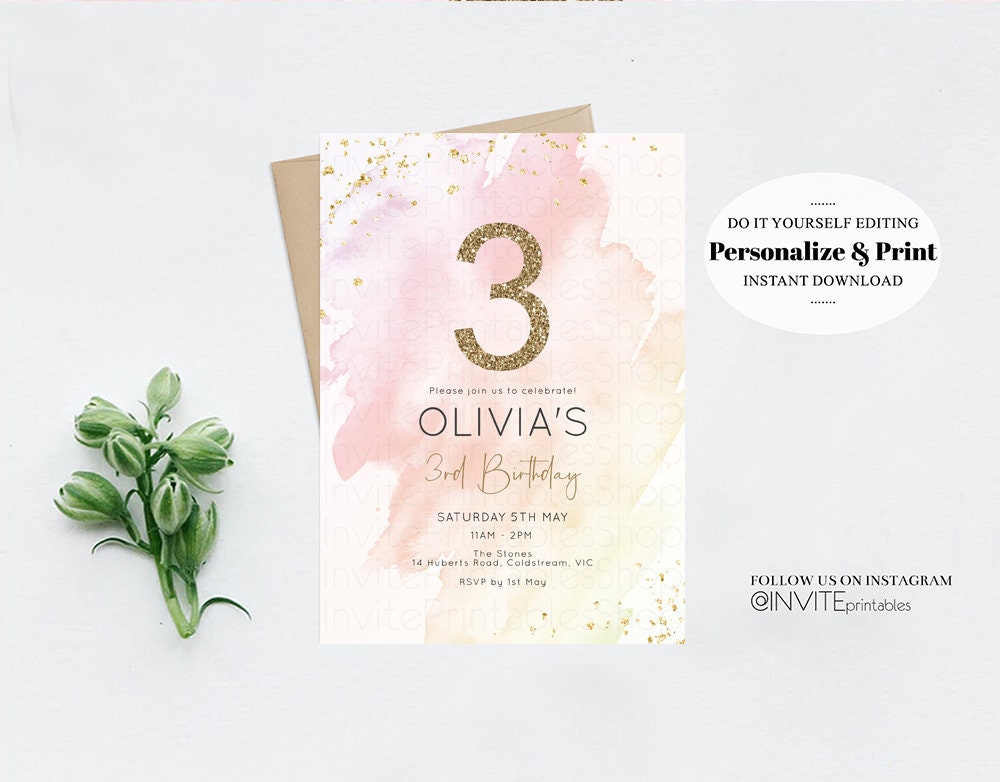 Watercolor Birthday Invitation Pastel Soft Pink Splash Ombre Ink Paint Gold Foil Glitter Age Confetti Modern Simple Custom Printable 133