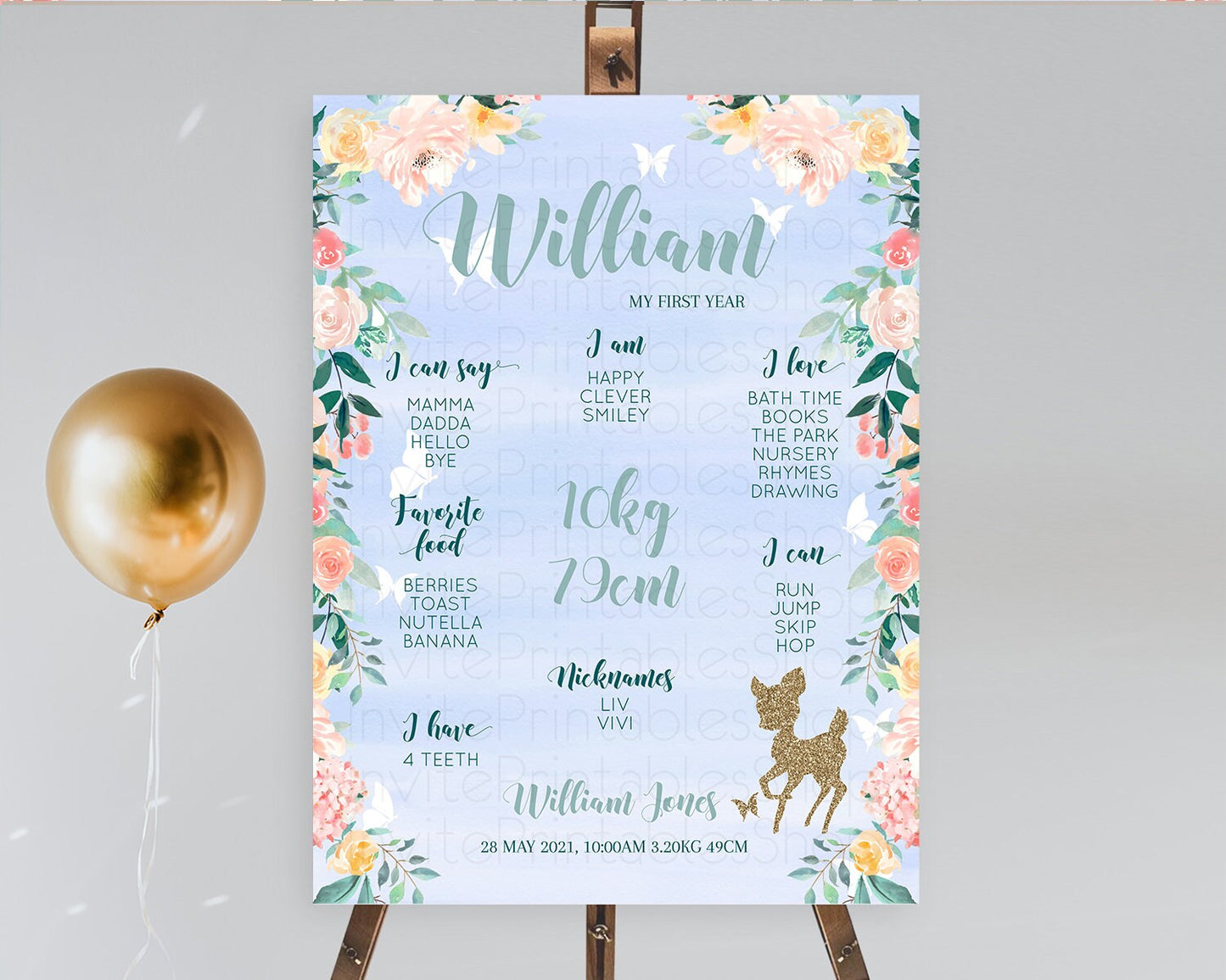 Fawn First Birthday Milestone Board Deer First Birthday Milestone Poster Enchanted Forest Butterfly Pastel Flowers 1st Birthday Sign D10875