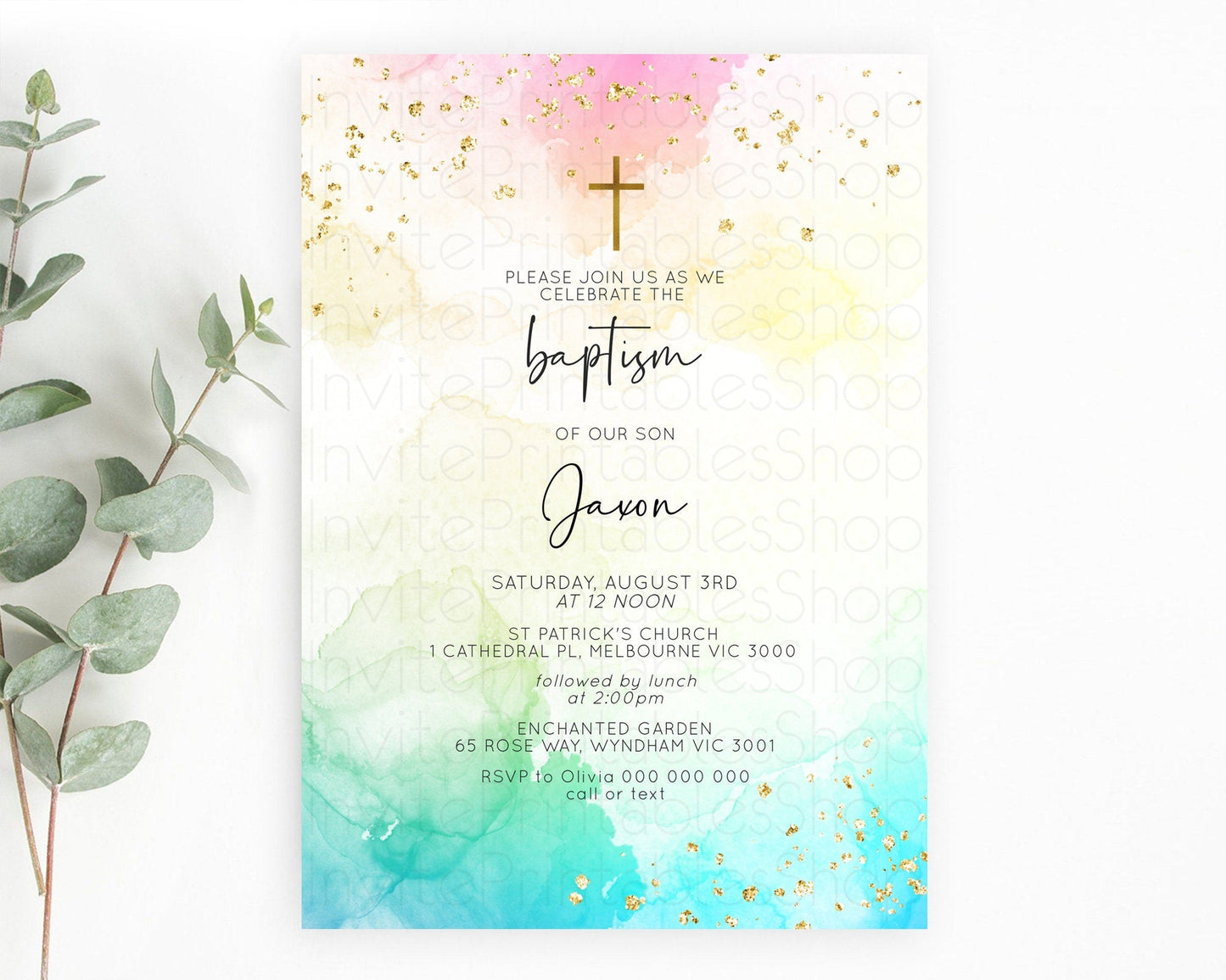 Pastel Baptism Invitation Pastel Colors Watercolor Baptism 1st Birthday Party Gold Ombre Pastel Rainbow Christening Holy Communion D10151