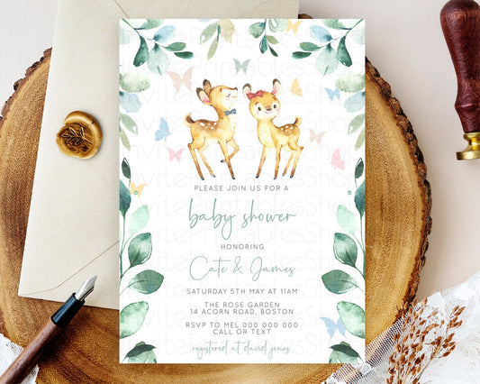 Fawn Baby Shower Invitation, Forest Deer, Butterfly, Pastel Flowers, Whimsical Theme, Rustic Greenery Woodland, Organic Pastel Colors D10767