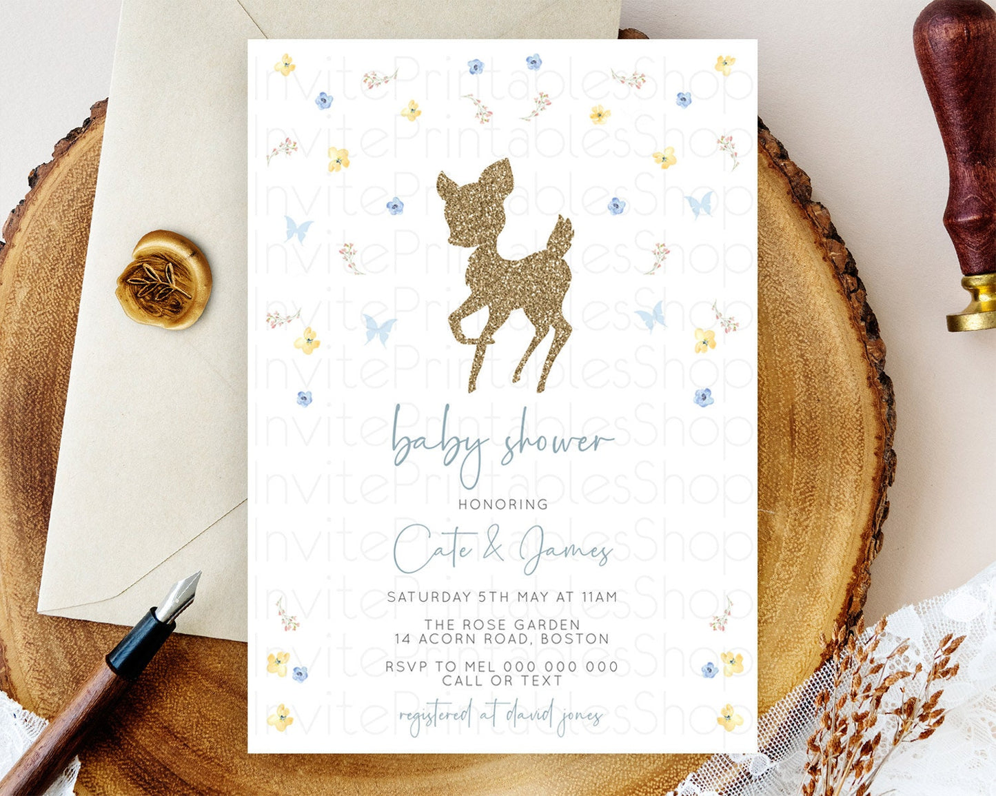 Fawn Baby Shower Invitation Deer Baby Shower Invites Enchanted Forest Theme Butterfly Pastel Flowers Whimsical Baby Shower D10360