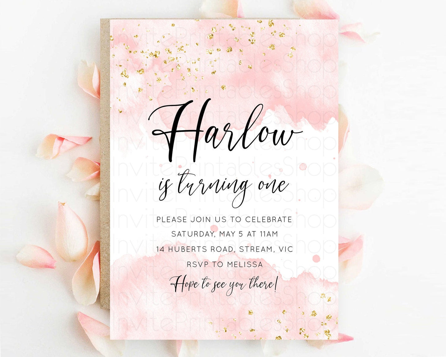 Pink Birthday Invitation pink Watercolor Invitation Pastel pink Watercolor Invitation pink Splash Gold Invitation 1st First Birthday D10328