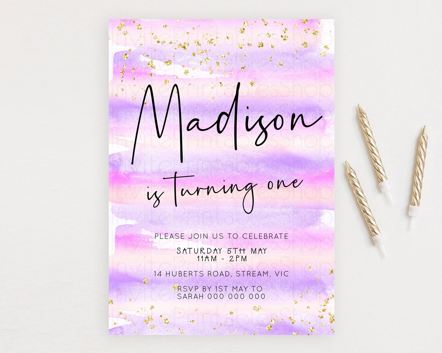 Pink Birthday Invitation pink Watercolor Invitation Pastel pink Watercolor Invitation pink Splash Gold Invitation 1st First Birthday D23035